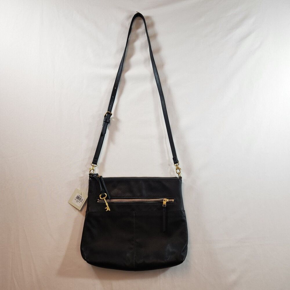 Fossil Fiona Large Crossbody Bag Purse Black Pebbled Leather Key Charm NWT READ